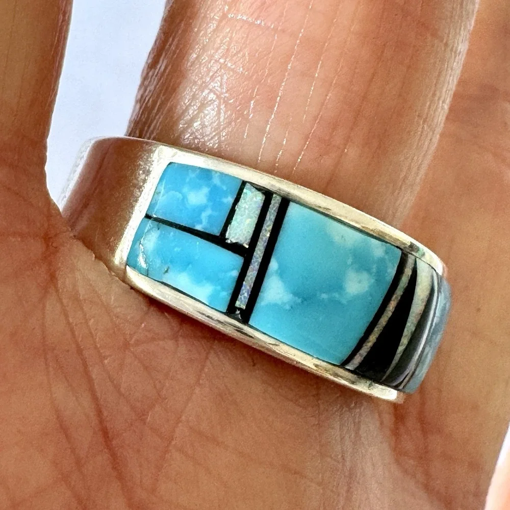 Mens Navajo Wedding Band Sz 10.5 Turquoise Opal Inlay 9mm‎ Ring Unsigned Tolino